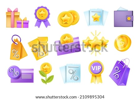 3D sale vector icon set, discount coupon voucher, loyalty program bonus coin, bank card, wallet. Shopping offer badge, VIP customer present, finance sticker collection. 3D sale object on white 