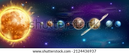 Solar system planet background, vector sun galaxy astrology Earth, Jupiter, Saturn infographic poster. Universe astronomy map, stars, cosmos, education realistic school banner. Solar system clipart