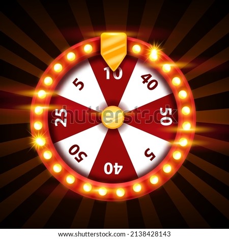 Casino lucky wheel, vector lottery game roulette, fortune spin illustration, light bulb, golden arrow. Sale discount spinner, gambling chance machine, promotion offer clipart. Red shiny lucky wheel 