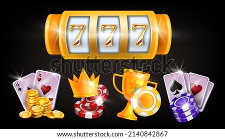 Casino icon set, golden winner cup, chips, royal victory crown, vector poker Vegas gambling logo kit. Lucky badge on black, blackjack playing cards, slot machine jackpot gift. 3D casino icons