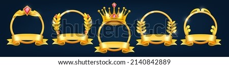 Gold winner frame set, vector award laurel wreath kit, circle trophy emblem, king crown on black. UI game level up achievement, user avatar ranking badge, victory ribbon. Decorative winner frame