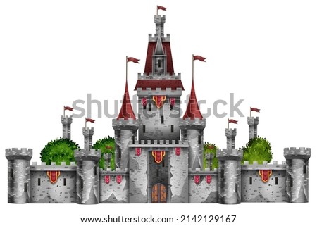 Medieval castle, magic fantasy fortress isolated on white, vector stone palace game illustration. Ancient king tower, entrance gate, royal gothic UI architecture clipart roof. Medieval castle exterior