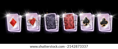 Poker game casino icon set, red diamonds sign, playing cards blackjack kit, clubs, diamonds, suit design. Shiny sparks, isolated cartoon clipart, UI gambling graphic elements. Game card collection