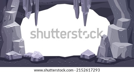 Cartoon cave vector background, rock cavern game illustration, stone mine underground tunnel frame. Nature gray boulder cliff, stalagmite on white, prehistoric dungeon entrance. Cave opening frame