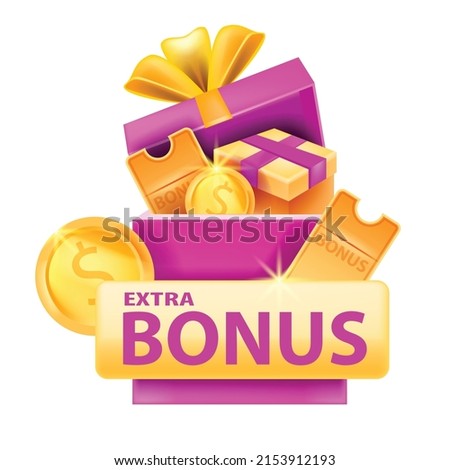 Discount bonus banner, vector promotion loyalty program gift, open present box, gold lucky voucher. Winner present, special offer coupon, dollar coin, reward sale badge. Bonus coupon clipart on white