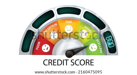 Credit score vector meter concept, mortgage good bad scale personal finance business rating gauge. Speedometer debt availability level, excellent status average money measurement. Credit score