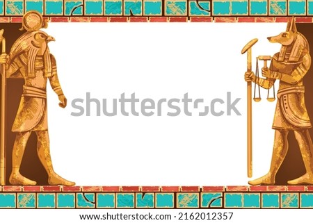 Egypt game frame, vector stone ancient Egyptian background, god temple statue, old brick tile border. Africa civilization tomb decor, archaeology interior illustration. Egypt rock frame, Anubis figure