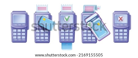 3D payment terminal icon set, vector POS machine bank device kit, credit card, smartphone, PIN pad. Electronic payment concept, cashless NFC success transaction, decline transfer. Payment terminal