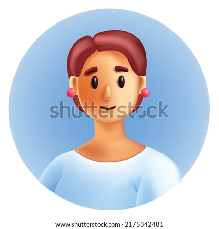 3D woman avatar, vector character cartoon face, white young student portrait, circle. User personal profile, smiling female character, round frame, adult girl freelance. SMM 3D avatar illustration