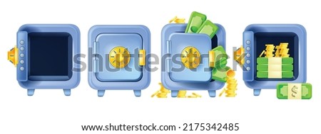 3D safe icon set, vector bank money open iron box, closed isolated vault, golden coin stack, lock. Safe deposit concept, financial security business cartoon illustration. Full 3D safe dollar storage