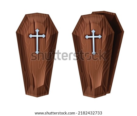 Halloween wooden coffin vector icon, cartoon spooky cemetery box, metal cross, open lid on white. Old ancient vampire timber tomb casket, scary traditional container. Wooden coffin funeral clipart