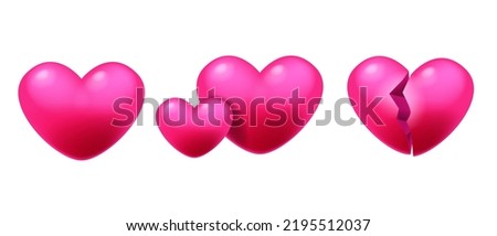 3D heart pink set, love candy game icon, red Valentine shape cracked balloon UI lovers badge. Medical element isolated clipart emotion romantic cartoon illustration. 3D heart glossy glowing collection