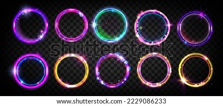 Neon circle set, circular game frame kit, UI futuristic techno glow led rings, vector light portal. Neon circle on transparent background. Cyberpunk cosmic round shapes, abstract electric shiny tunnel