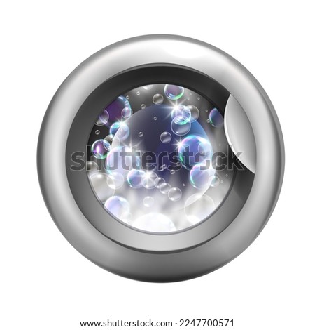 Washing machine closed door logo, 3D laundry washer icon, detergent bubbles, white powder foam. Circle glass appliance window, clothes cleaning process, soap wave. Washing machine front view clipart 
