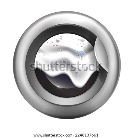 Washing machine closed laundry door logo, detergent bubbles, 3D washer icon, white powder foam. Circle glass appliance window, clothes cleaning process, soap wave. Washing machine front view clipart 