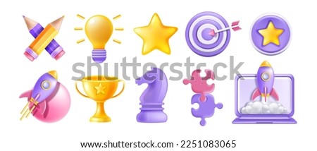 3D creative startup vector icon set, idea bulb, rocket launch, golden trophy, laptop screen, knight. Business project marketing object kit, professional strategy concept. Startup icon achievement star