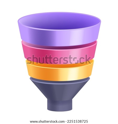 3D funnel finance advertising pipeline icon, online targeting four stage data research graphic. Marketing sale infographic, vector business technology concept. 3D funnel media visual design element  