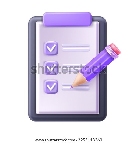 3D checklist on clipboard vector icon, exam paper document, online digital checkbox form  clipart. Education test, marketing questionnaire survey, pencil, flip chart note. Planning 3D checklist done
