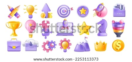3D startup icon set, rocket launch, laptop screen, creative idea bulb, golden trophy, funnel. Business project vector marketing object kit, professional strategy concept. Startup icon achievement star