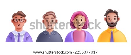 3D profile people vector avatar icon set, men woman happy face young male female cartoon character. Office colleague team concept smiling freelance workers portrait. 3D people cheerful expression head