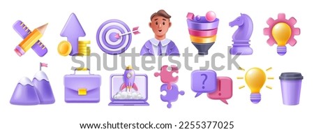 3D startup icon set, laptop screen, rocket launch, creative idea bulb, worker avatar, funnel. Business project vector marketing object kit, professional strategy concept. Startup icon achievement star