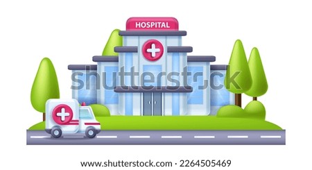 3D hospital building, vector minimal clinic facade, ambulance help entrance door view, window, car. Medical office, city modern public healthcare house exterior. 3D hospital emergency center concept