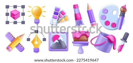 3D design art icon set, customise graphic creative badge kit, vector paint bucket brush, idea bulb. Designer digital tools project sign collection, pencil, pipette, website create process. Design icon