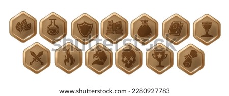 RPG game icon set, vector hexagon UI badge kit, mobile app button collection, health heal sign. Dungeon dragon entertainment concept, skill award, knight sword, magician potion. RPG icon pictogram