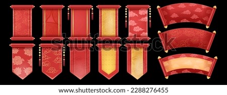 3D Chinese scroll set, banner kit, red vector festive royal asian game UI traditional design element. Luxury celebration China background, spring floral print, silk banner. Chinese scroll collection