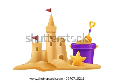 3D sand castle summer illustration, vector beach kids vacation building, bucket, shovel, sea star. Cartoon travel architecture medieval house, children outdoor tropical game. Sand castle shore clipart
