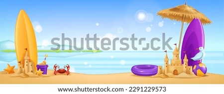 3D beach background, vector cartoon ocean tropical landscape, sand castle, surfboard, sun umbrella. Vacation exotic seashore nautical view, red crab, island gull season journey. Sunny beach background