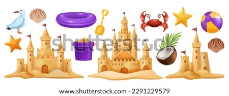 3D sand castle set, vector summer beach vacation clipart kit, kid bucket, red crab, starfish, ball. Cartoon ocean sea shore tower, tropical season object, gull, shell, children game. Coast sand castle