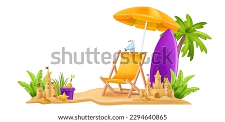 3D sand castle vector illustration, summer beach island travel clipart, cartoon children tower, gull. Tropical exotic vacation, sun umbrella, rest chair palm tree holiday seaside concept. Sand castle 