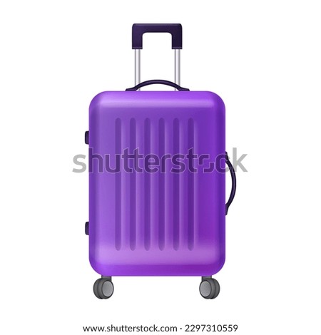 3D rolling luggage, vector travel baggage clipart, purple vacation suitcase, airport bag icon wheels. Realistic journey handbag, tourism plastic modern valise, summer vacation concept. 3D luggage
