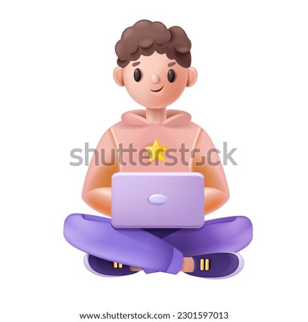 Online kid school, vector 3D children education, cartoon boy using laptop, happy young student. Digital class concept, internet e-learning, character working home in internet. Online kid illustration