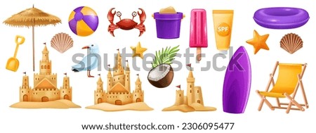 3D sand castle set, beach summer vacation vector clipart kit, kid bucket, red crab, starfish, ball. Cartoon ocean sea shore tower, tropical season object, gull, shell, children game. Coast sand castle