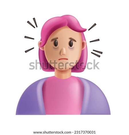3D stress woman icon, vector fatigue shocked female cartoon character, exhausted nervous girl patient. Mental health problem concept, depressed ill lonely headache face, tired person. Stress woman