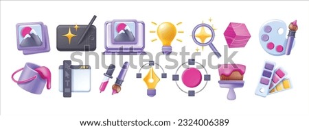 3D design creative icon set, vector utility logo pictogram kit, idea project art process concept. Drawing studio, portfolio image, digital drawing paint bucket, palette, brush. Design icon UI symbol