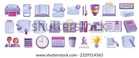 3D business vector icon set, work office stationery kit, management calendar, laptop screen document. Reception workplace object collection, colleague avatar, person ID, startup project. Business icon