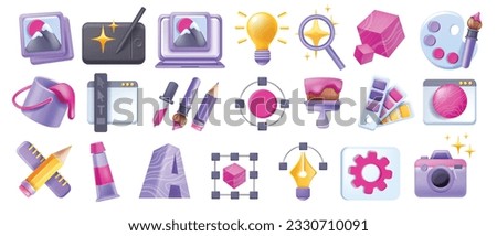 3D design creative icon vector set, utility logo pictogram kit, idea project art process concept. Drawing studio, portfolio image, digital drawing paint bucket, palette, brush. Design icon UI symbol