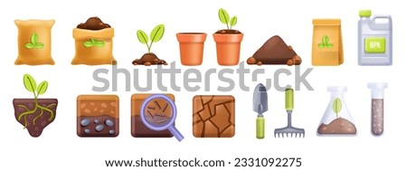 3D soil icon vector set, cartoon fertilized compost, agriculture farming illustration kit, seedling. Geology layers garden pots, plant roots agronomy science, NPK can, clay pile. Soil icon collection