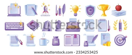 3D write author icon set, vector laptop article, creative story content sign, book paper document. Literature poetry concept, digital education translate grammar clipart, typewriter. Write icon kit