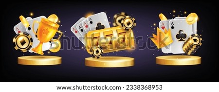 3D casino poker icon concept, vector roulette online gambling winner chip, golden podium card design. Realistic coin, 3-reel slots blackjack Vegas promotion victory cup template. Casino welcome bonus