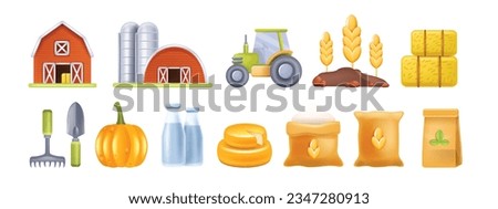 3D farm icon set, vector agriculture produce market pictogram, village rural building, tractor. Wheat field, garden rake, diary products, milk, cheese, flour bag, haystack, barn. Farm icon eco element