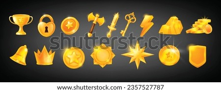 3D casino game golden icon set, vector UI winner medal kit, victory bonus star, gold trophy champion. Online mobile app object collection, coin pile, winner crown, glossy cup. Shiny golden icon award