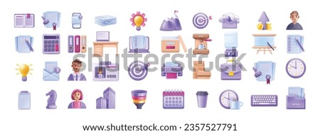3D business vector icon, work office stationery kit, management calendar, laptop screen document. Reception workplace object collection, colleague avatar, person ID, startup project. Business icon set