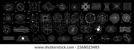 3D cyberpunk grid u2k wireframe shape set, vector warp retro futuristic geometric icon collection. Vintage science mathematic perspective frame, techno blueprint object kit globe. Futuristic wireframe