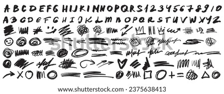 Scribble doodle paint underline set, vector children marker scratch, pen squiggle kit, black stoke. Kids hand drawn pencil abstract sketch, handwriting font alphabet, texture divider. Scribble doodle