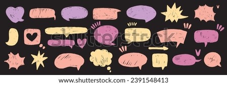 Speech bubble vector set, texture doodle comic talk balloon kit, hand drawn crayon cloud message. Speak sign color dialog communication frame, hearts, arrow. Chalk marker speech bubble drawing box