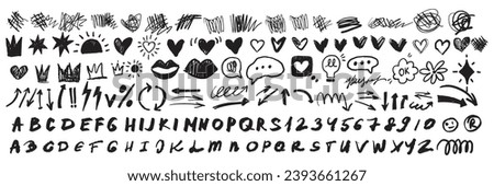 Scribble doodle set, paint underline children marker scratch, vector pen squiggle kit, black stroke. Kids hand drawn pencil abstract sketch, handwriting font alphabet, texture heart. Scribble doodle